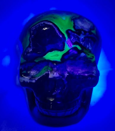 Large Volcano Agate Skull Statue (UV Reactive) 5 - Halloween decor, spooky polished stone sculpture crystalline druzy pockets, glows in blacklight