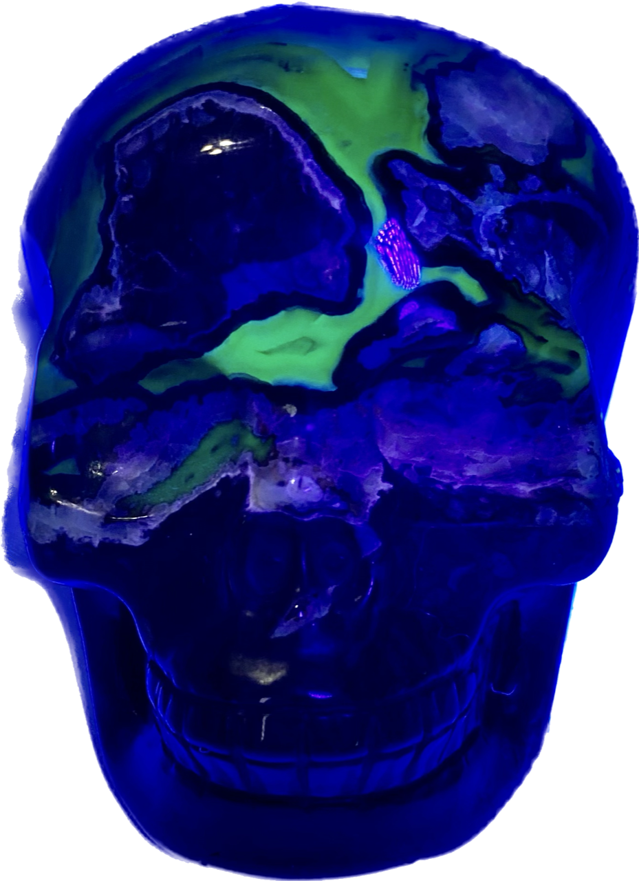 Large Volcano Agate Skull Statue (UV Reactive) 5 - Halloween decor, spooky polished stone sculpture crystalline druzy pockets, glows in blacklight