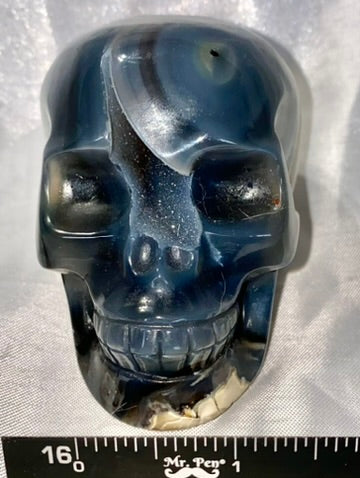 Large Volcano Agate Skull Statue (UV Reactive) 8 - Halloween decor, spooky polished stone sculpture crystalline druzy pockets, glows in blacklight