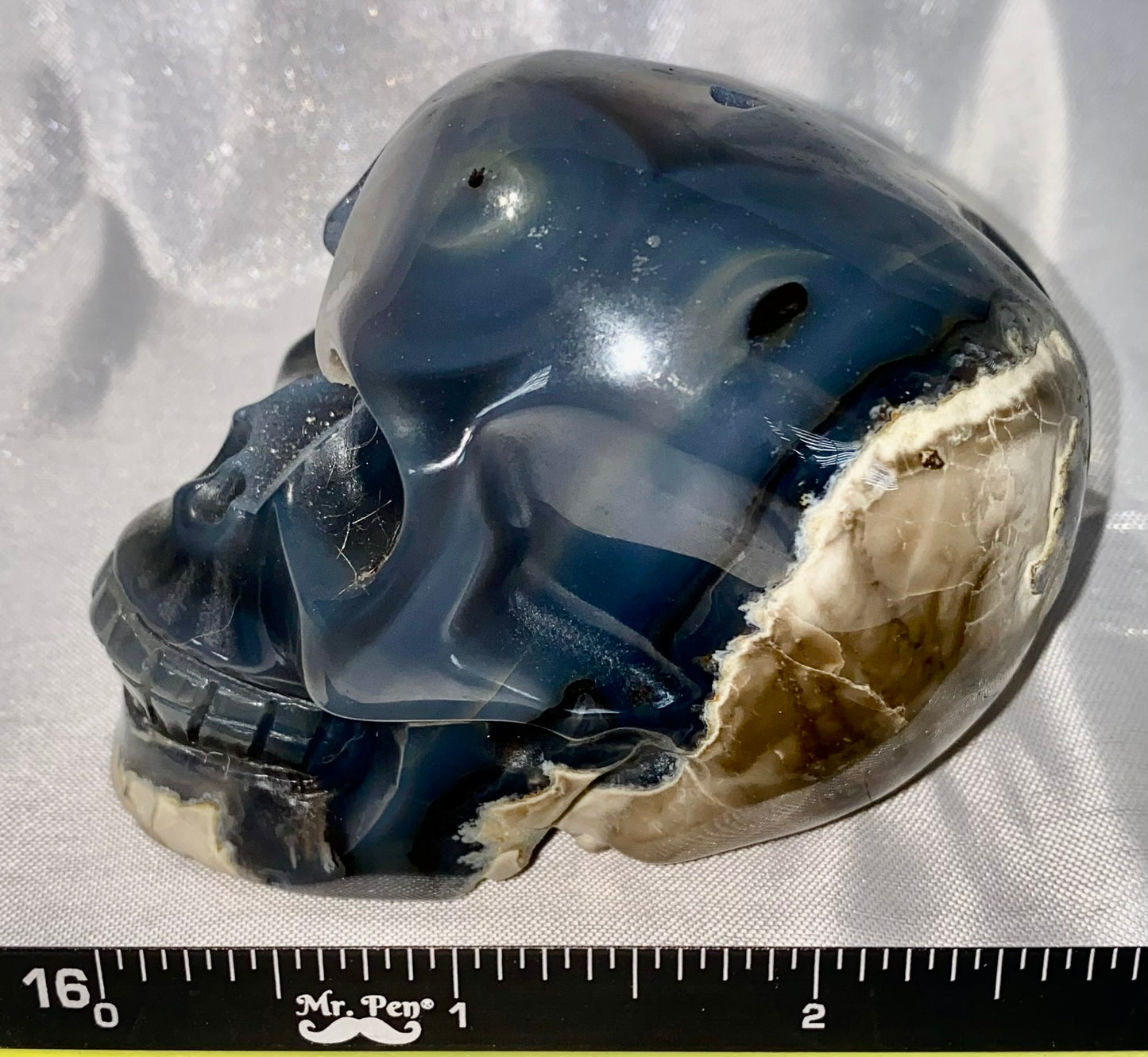 Large Volcano Agate Skull Statue (UV Reactive) 8 - Halloween decor, spooky polished stone sculpture crystalline druzy pockets, glows in blacklight