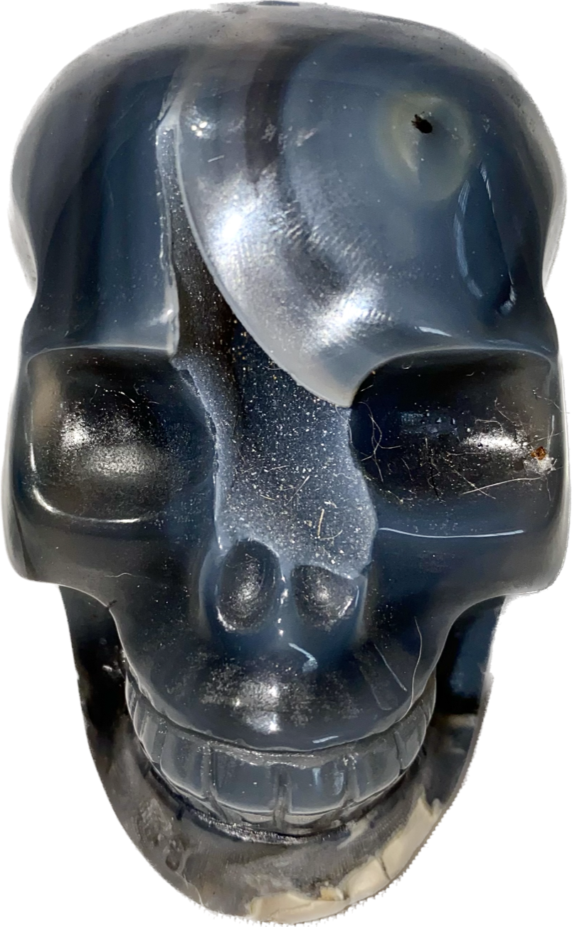 Large Volcano Agate Skull Statue (UV Reactive) 8 - Halloween decor, spooky polished stone sculpture crystalline druzy pockets, glows in blacklight