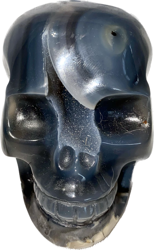 Large Volcano Agate Skull Statue (UV Reactive) 8 - Halloween decor, spooky polished stone sculpture crystalline druzy pockets, glows in blacklight