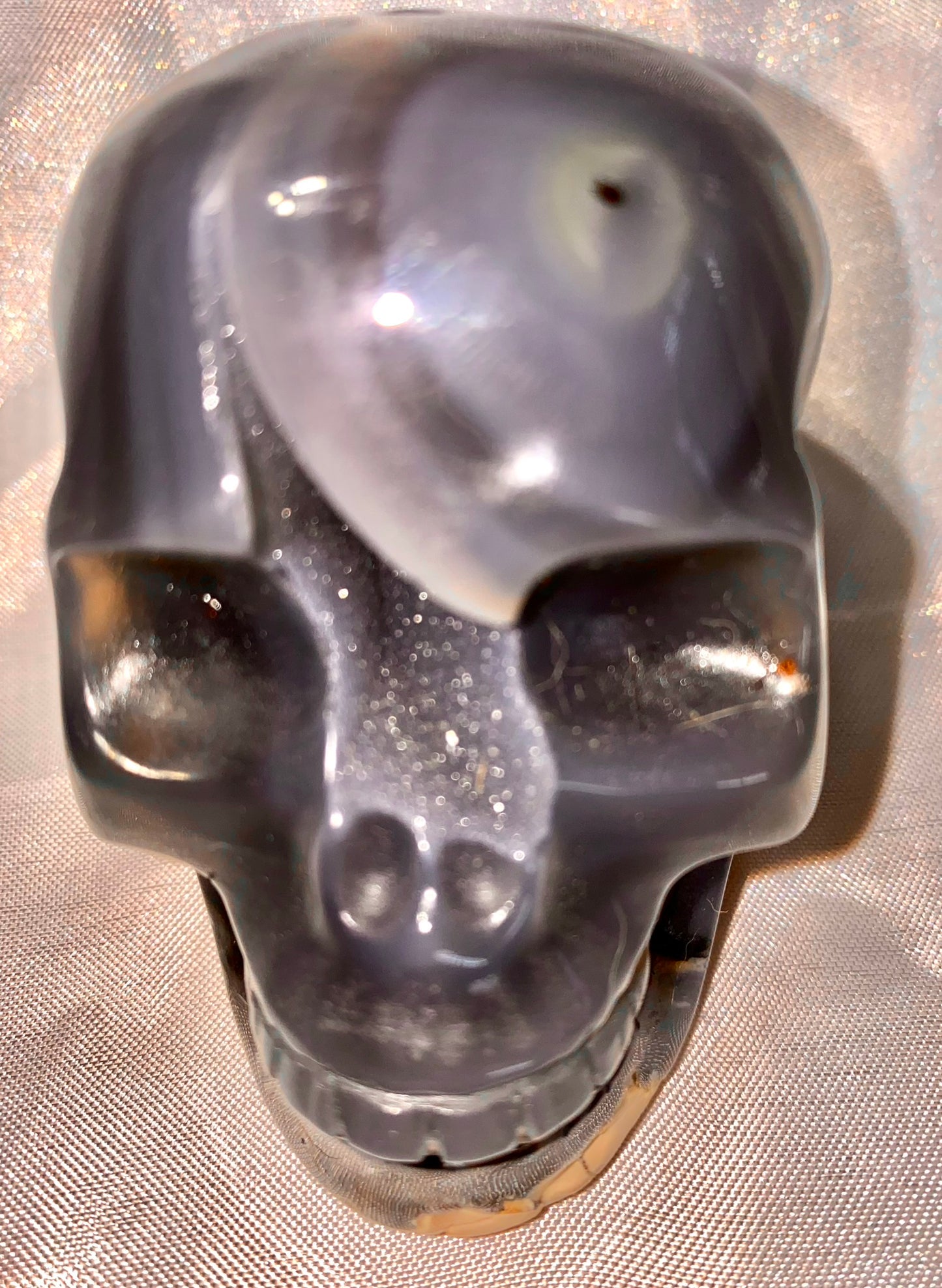 Large Volcano Agate Skull Statue (UV Reactive) 8 - Halloween decor, spooky polished stone sculpture crystalline druzy pockets, glows in blacklight