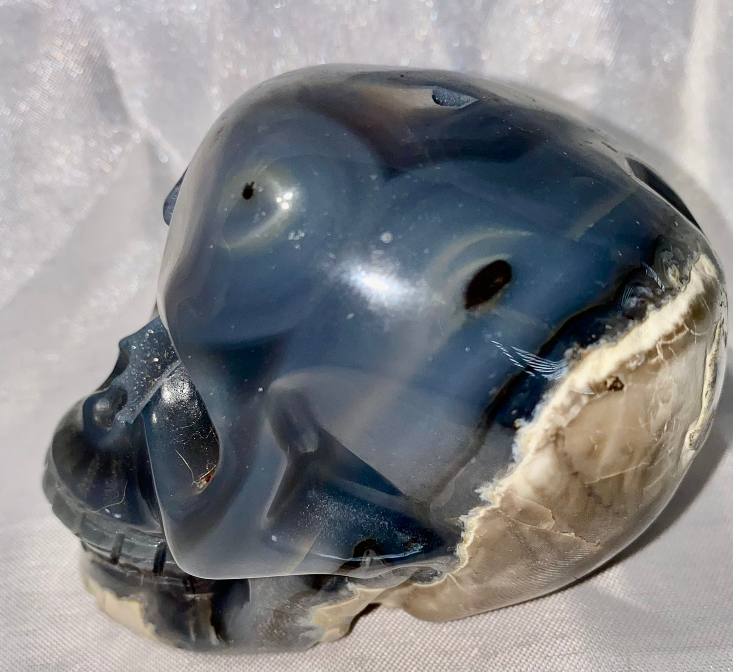 Large Volcano Agate Skull Statue (UV Reactive) 8 - Halloween decor, spooky polished stone sculpture crystalline druzy pockets, glows in blacklight