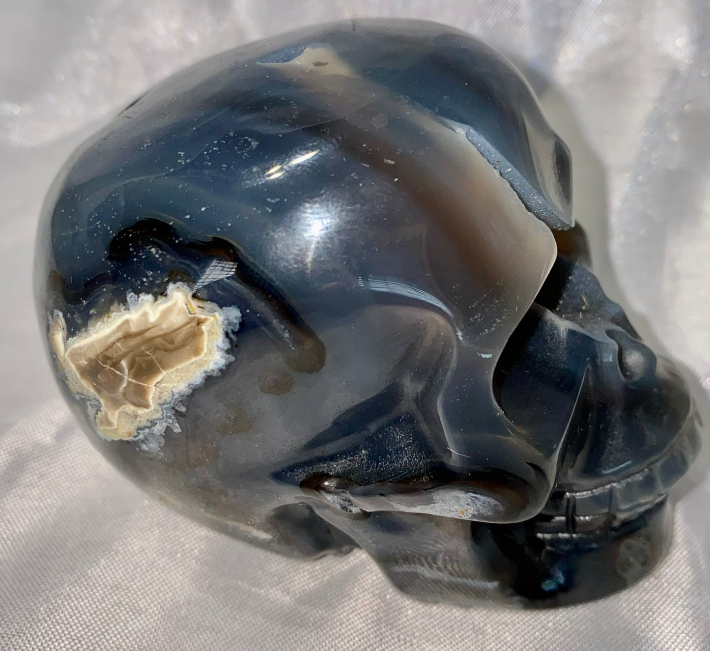 Large Volcano Agate Skull Statue (UV Reactive) 8 - Halloween decor, spooky polished stone sculpture crystalline druzy pockets, glows in blacklight