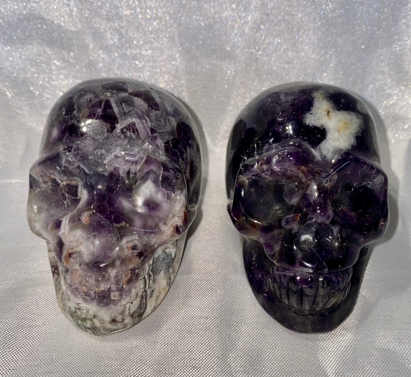 Large Chevron Amethyst (AKA Dream Amethyst) Skull Statues 2,3 - Halloween decor, spooky polished stone sculpture