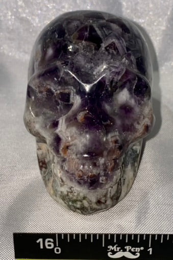 Large Chevron Amethyst (AKA Dream Amethyst) Skull Statues 2,3 - Halloween decor, spooky polished stone sculpture