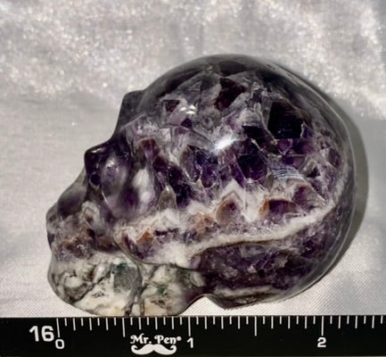 Large Chevron Amethyst (AKA Dream Amethyst) Skull Statues 2,3 - Halloween decor, spooky polished stone sculpture