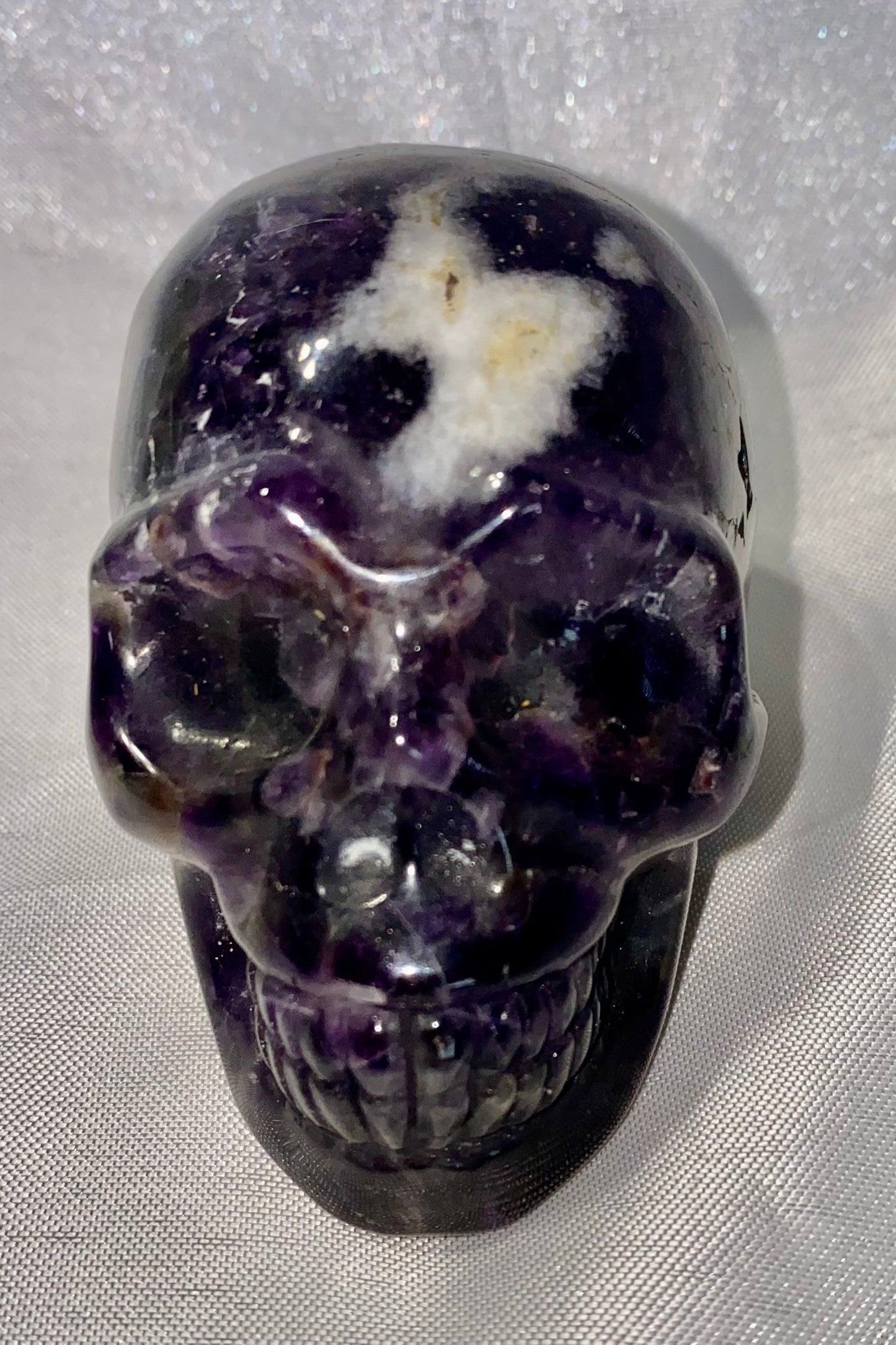 Large Chevron Amethyst (AKA Dream Amethyst) Skull Statues 2,3 - Halloween decor, spooky polished stone sculpture