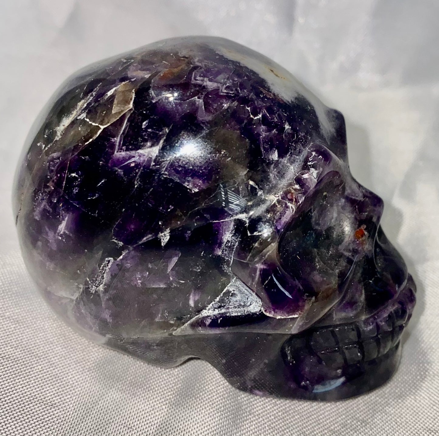 Large Chevron Amethyst (AKA Dream Amethyst) Skull Statues 2,3 - Halloween decor, spooky polished stone sculpture