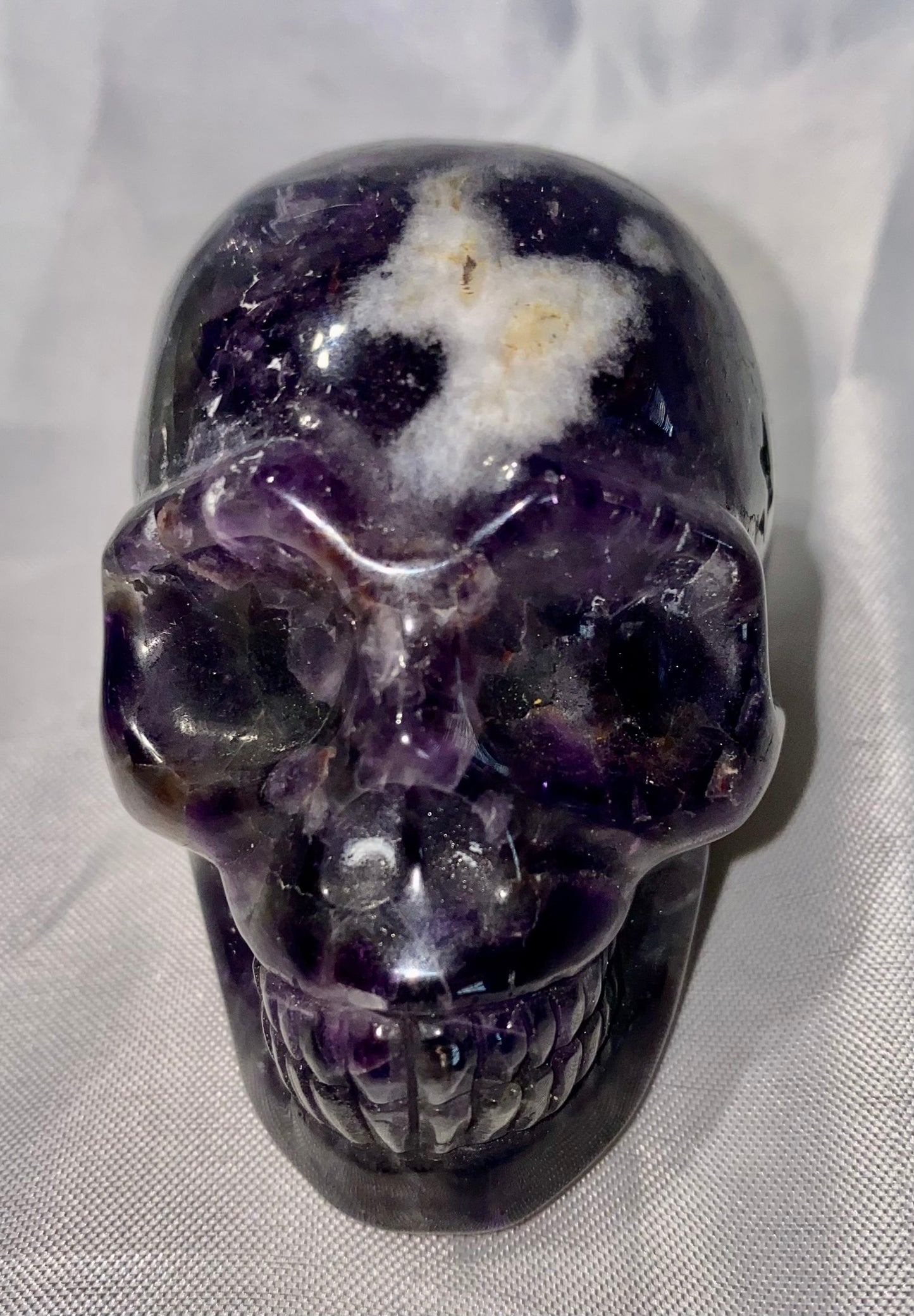 Large Chevron Amethyst (AKA Dream Amethyst) Skull Statues 2,3 - Halloween decor, spooky polished stone sculpture