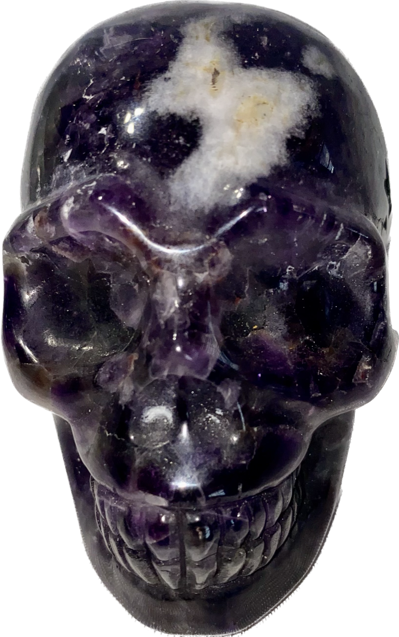 Large Chevron Amethyst (AKA Dream Amethyst) Skull Statues 2,3 - Halloween decor, spooky polished stone sculpture