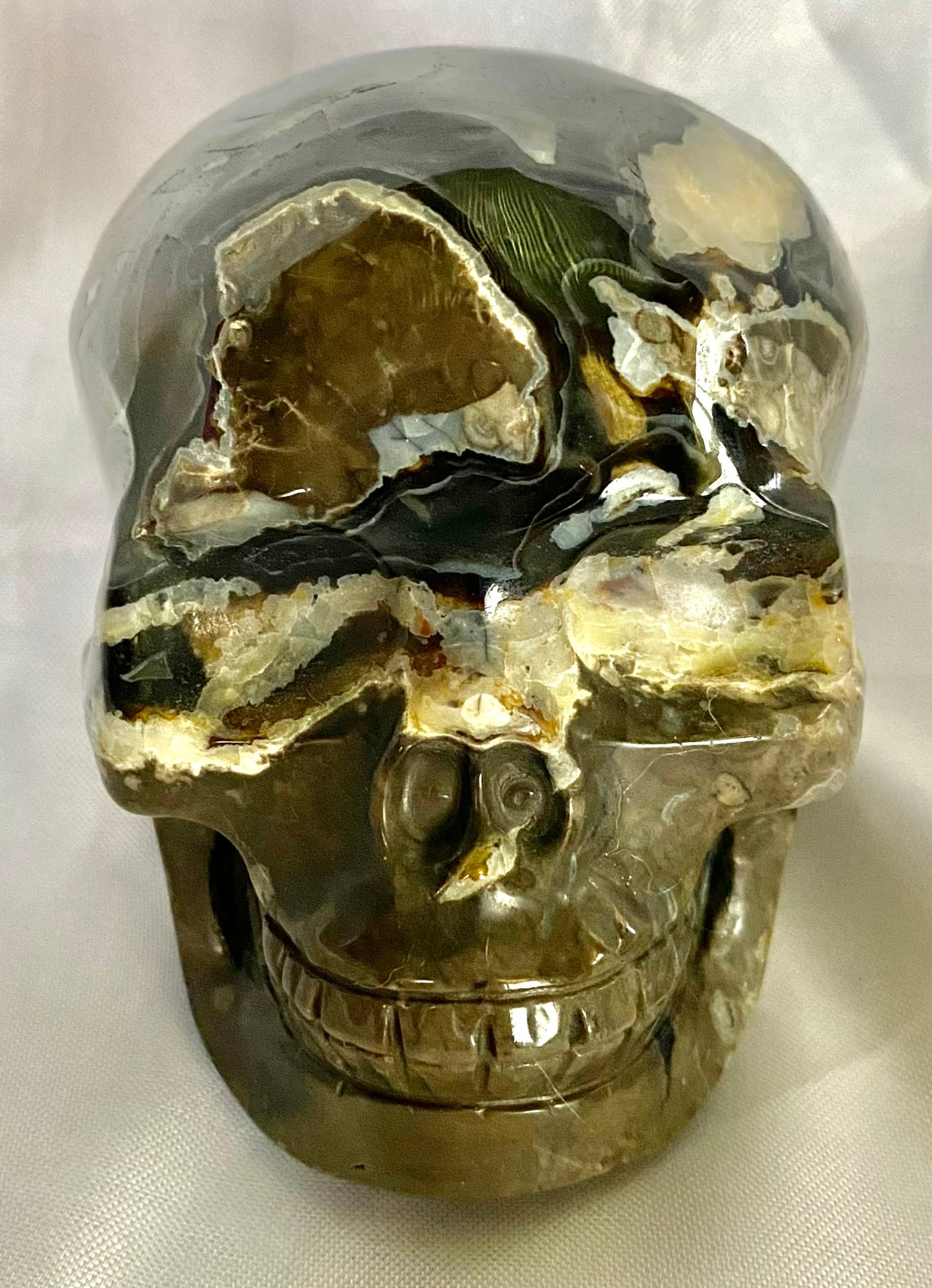 Large Volcano Agate Skull Statue (UV Reactive) 5 - Halloween decor, spooky polished stone sculpture crystalline druzy pockets, glows in blacklight