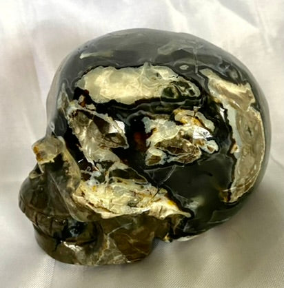 Large Volcano Agate Skull Statue (UV Reactive) 5 - Halloween decor, spooky polished stone sculpture crystalline druzy pockets, glows in blacklight