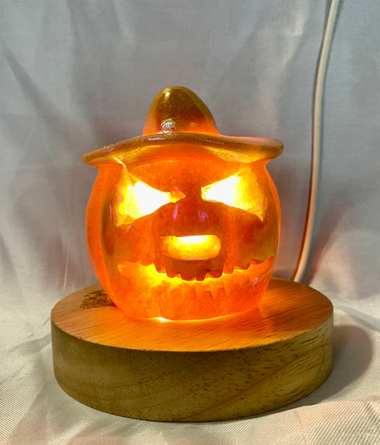Large Orange Calcite Hollow Jack-'O-Lantern Sculpture with Aura, for LED light or light stand, Halloween decor