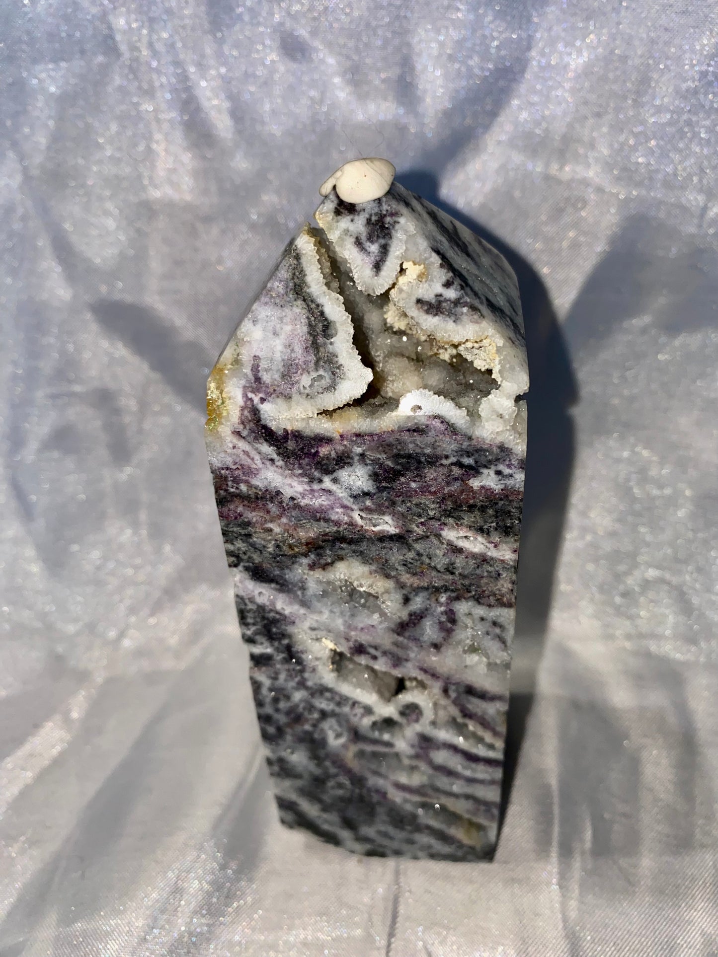 Sphalerite Tower s3 - asymmetric gray white stone sculpture with crystalline drusy (druzy)