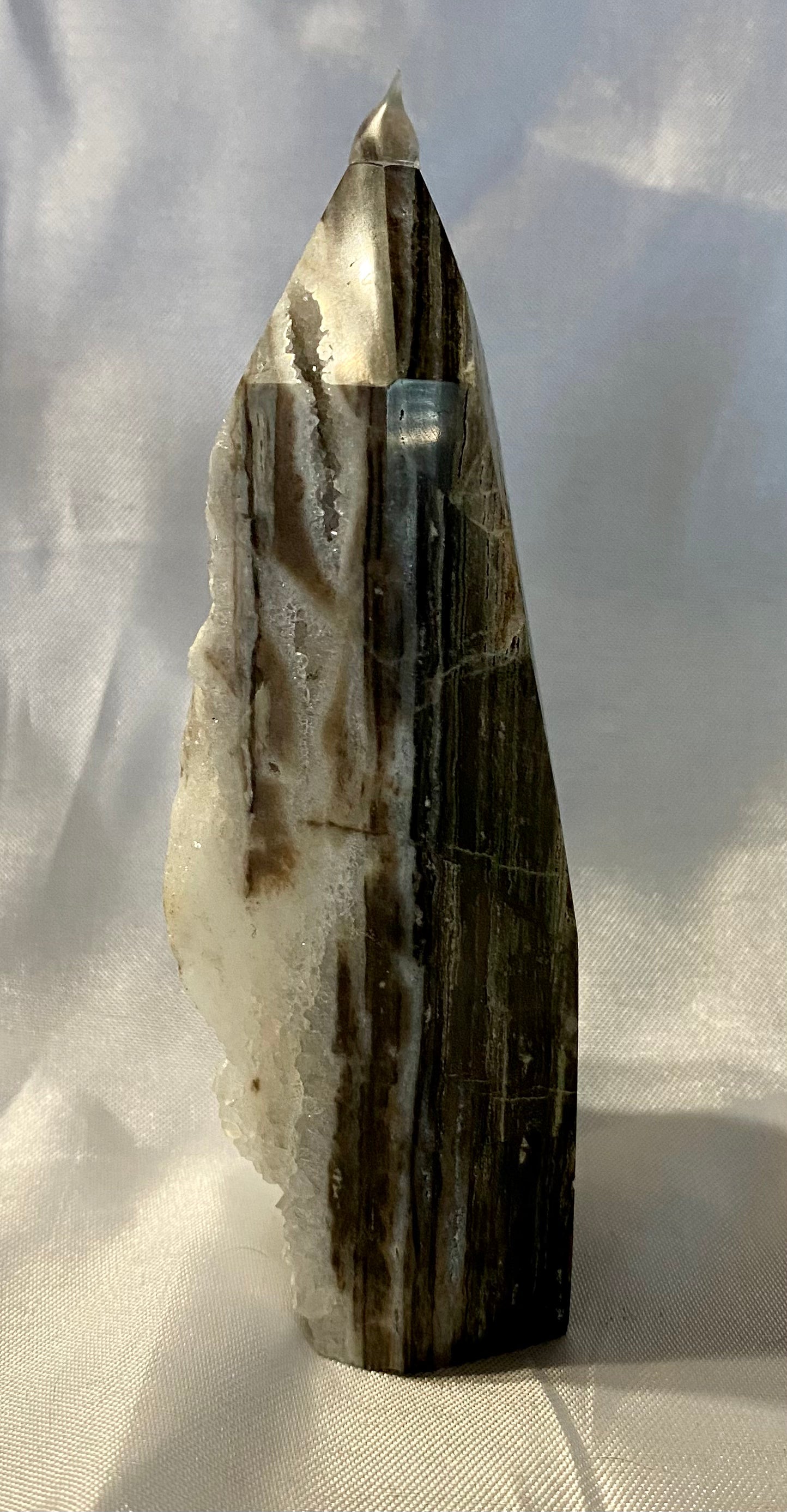 Sphalerite Tower s2 - asymmetric gray white stone sculpture with crystalline drusy (druzy)