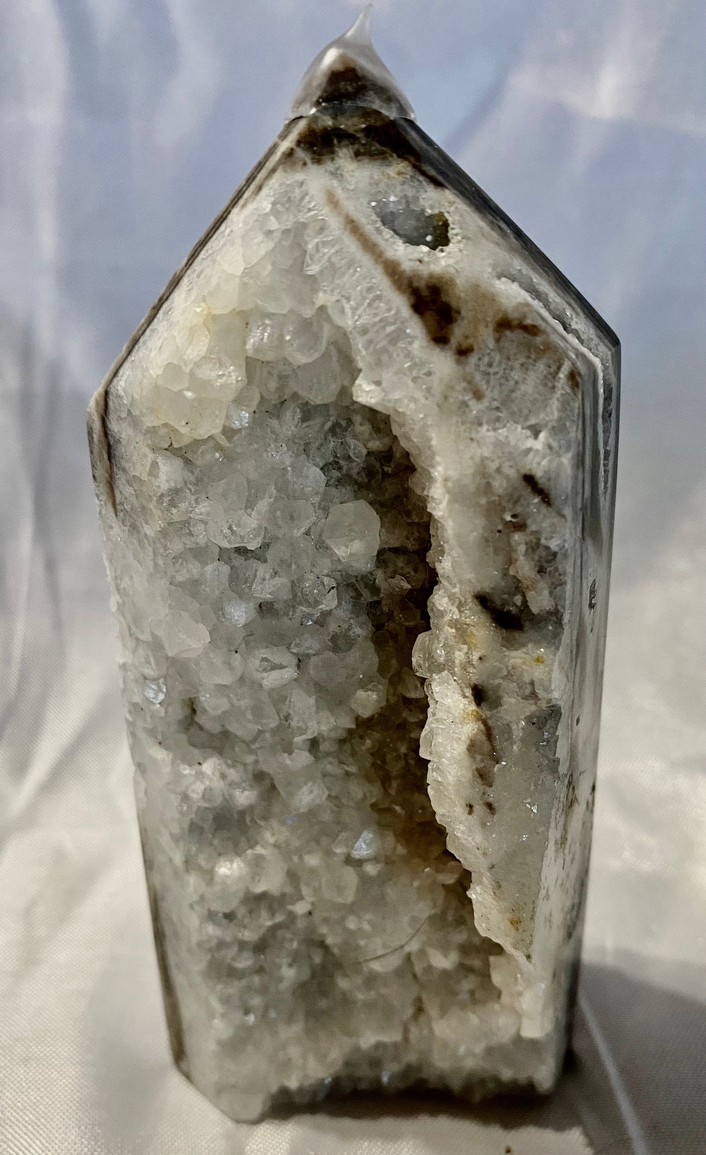 Sphalerite Tower s2 - asymmetric gray white stone sculpture with crystalline drusy (druzy)