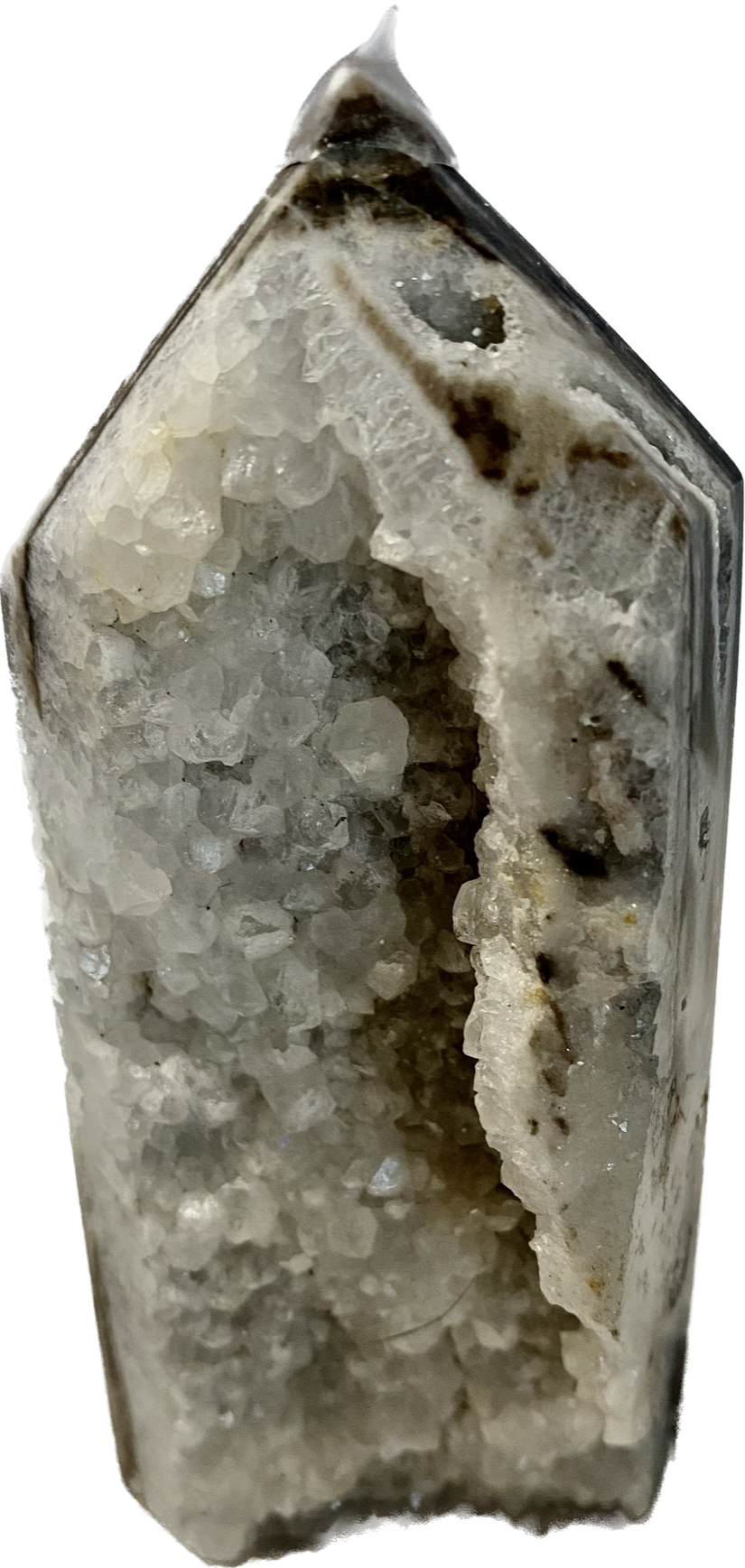 Sphalerite Tower s2 - asymmetric gray white stone sculpture with crystalline drusy (druzy)