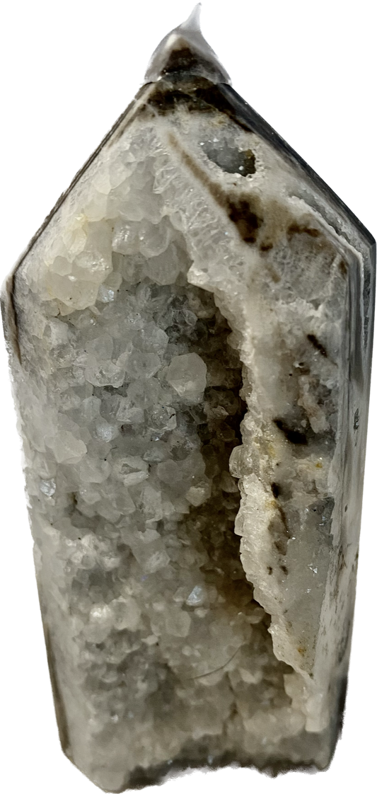 Sphalerite Tower s2 - asymmetric gray white stone sculpture with crystalline drusy (druzy)