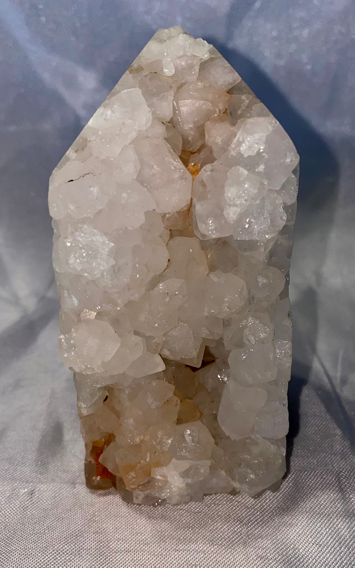 Sphalerite Point m3 - asymmetric gray white stone sculpture mini-tower with crystalline drusy (druzy)