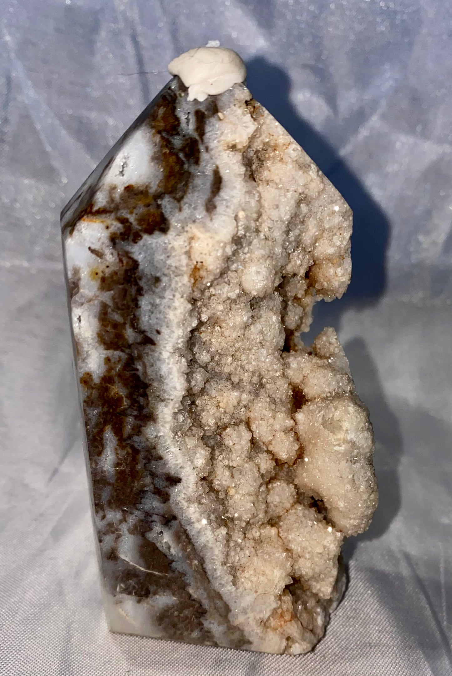 Sphalerite Point l2 - asymmetric gray white stone sculpture mini-tower with crystalline drusy (druzy)