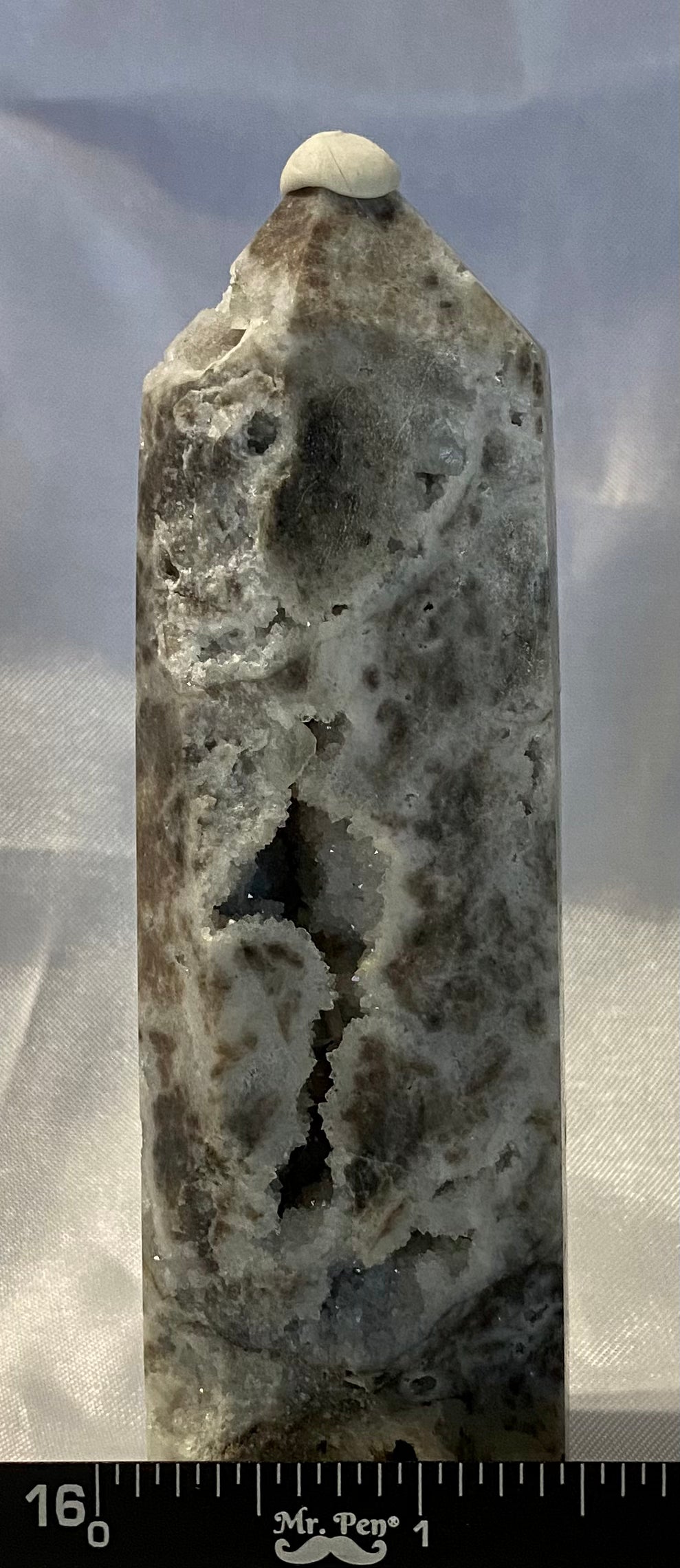 Sphalerite Tower s5 - asymmetric gray white stone sculpture with crystalline drusy (druzy)