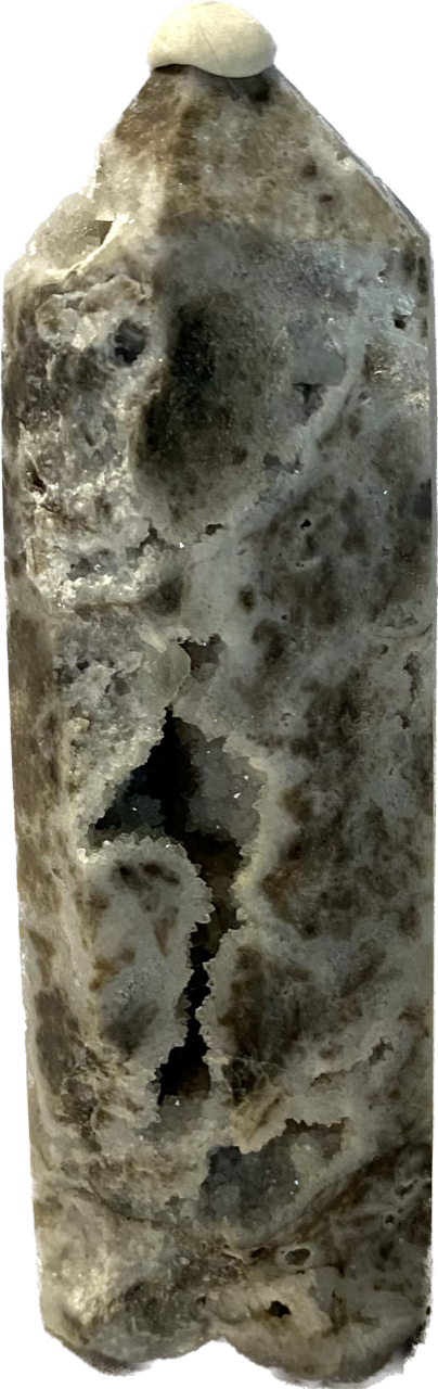 Sphalerite Tower s5 - asymmetric gray white stone sculpture with crystalline drusy (druzy)