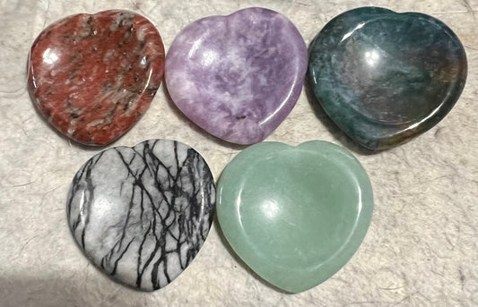 Set of 5 Worry-Stone Hearts of various gemstones - polished stone sculpture