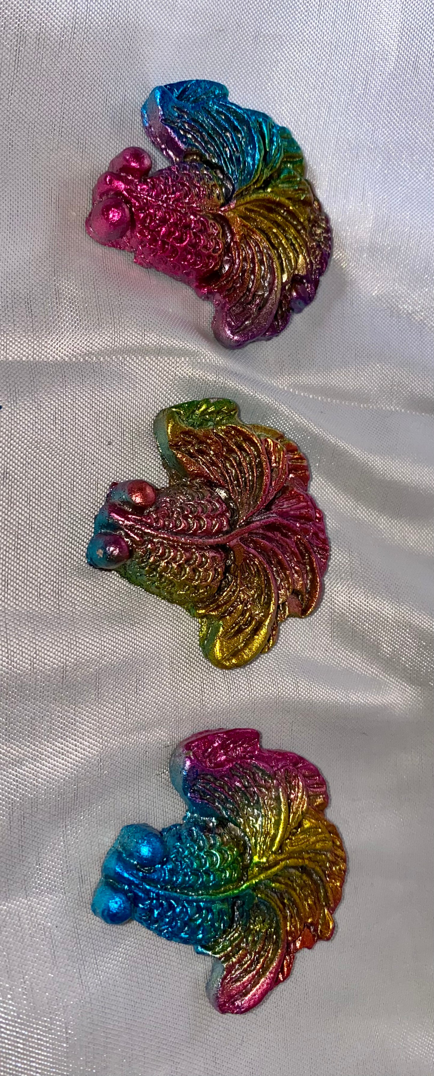 Bismuth Fancy Koi (Goldfish) Figurine - shiny multicolored stone metal sculpture