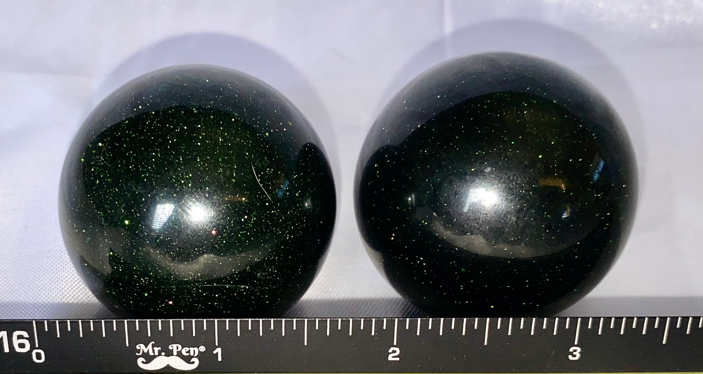 Deep Green Sandstone (AKA Goldstone) Sphere - polished dark green sparlkes stone sculpture