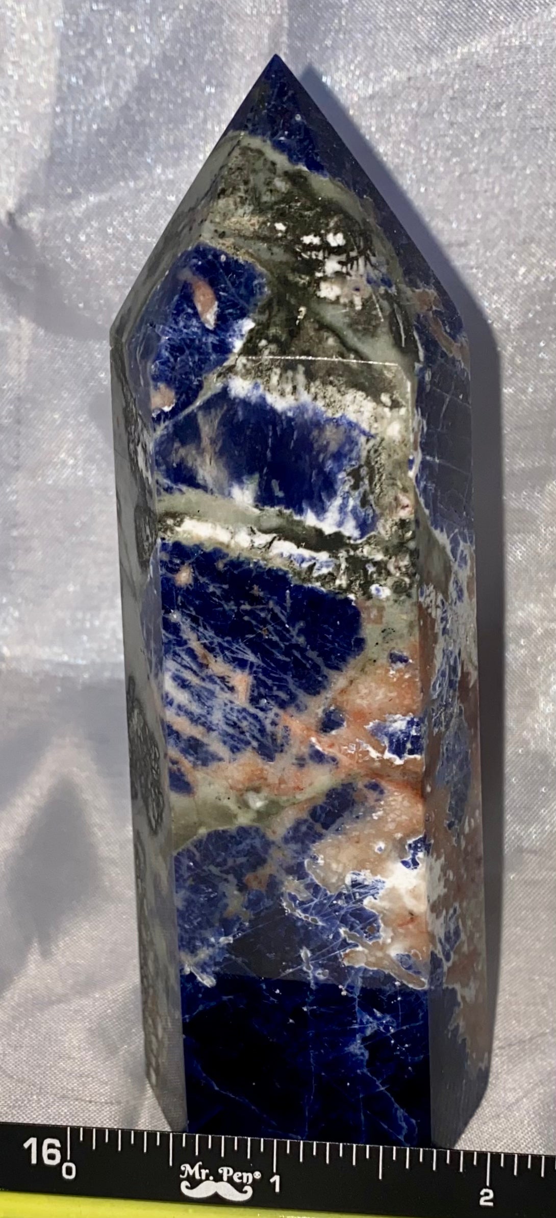 Sunset Sodalite Tower 1s - Brilliant orange and blue polished stone sculpture