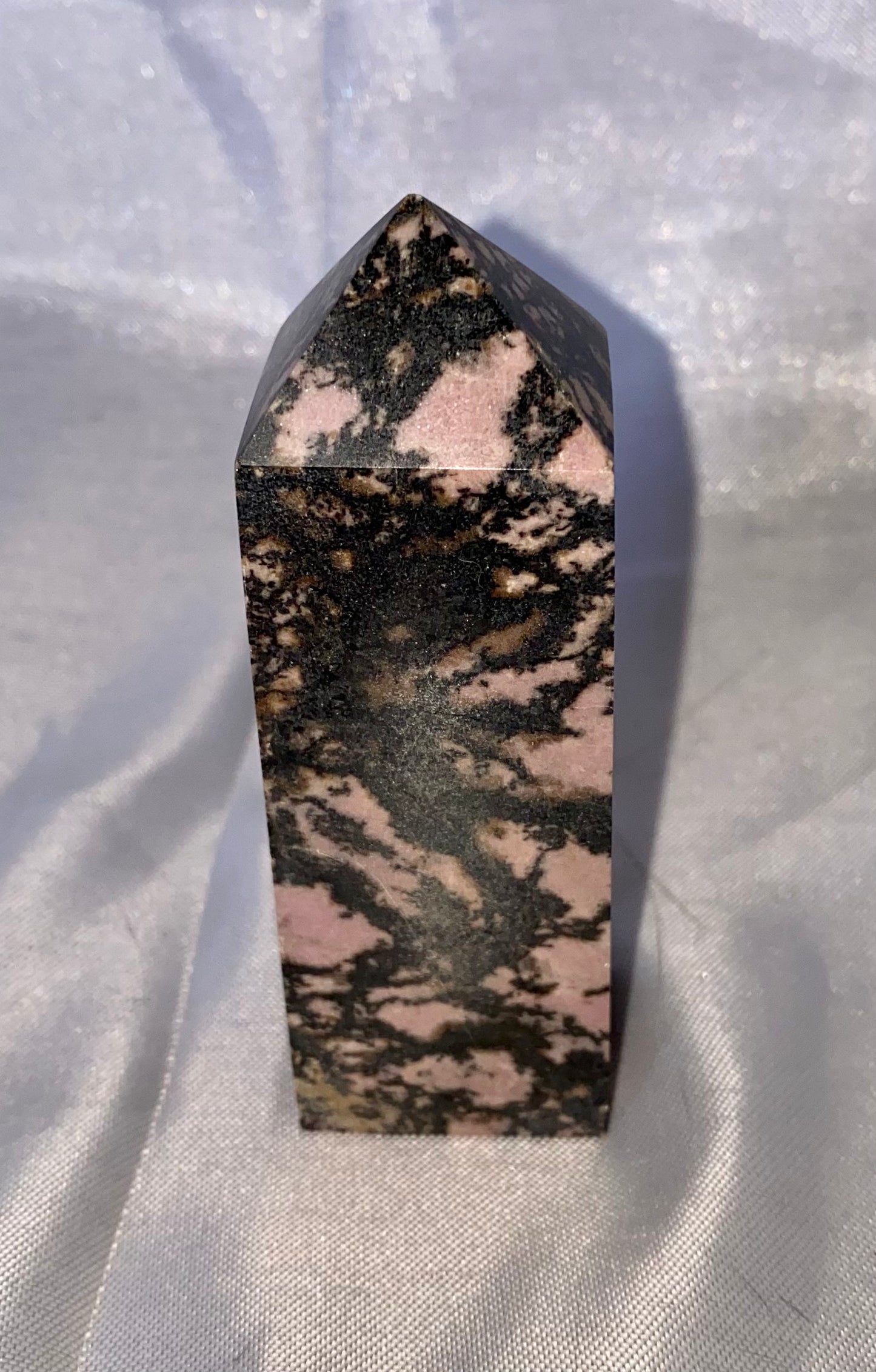 Rhodonite Point s6 - polished pink black stone mini-tower sculpture