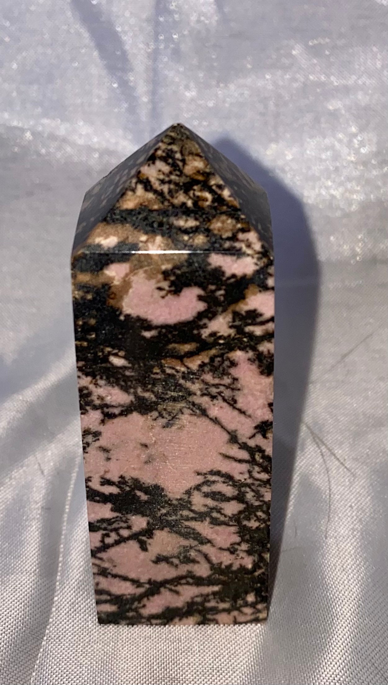 Rhodonite Point s6 - polished pink black stone mini-tower sculpture