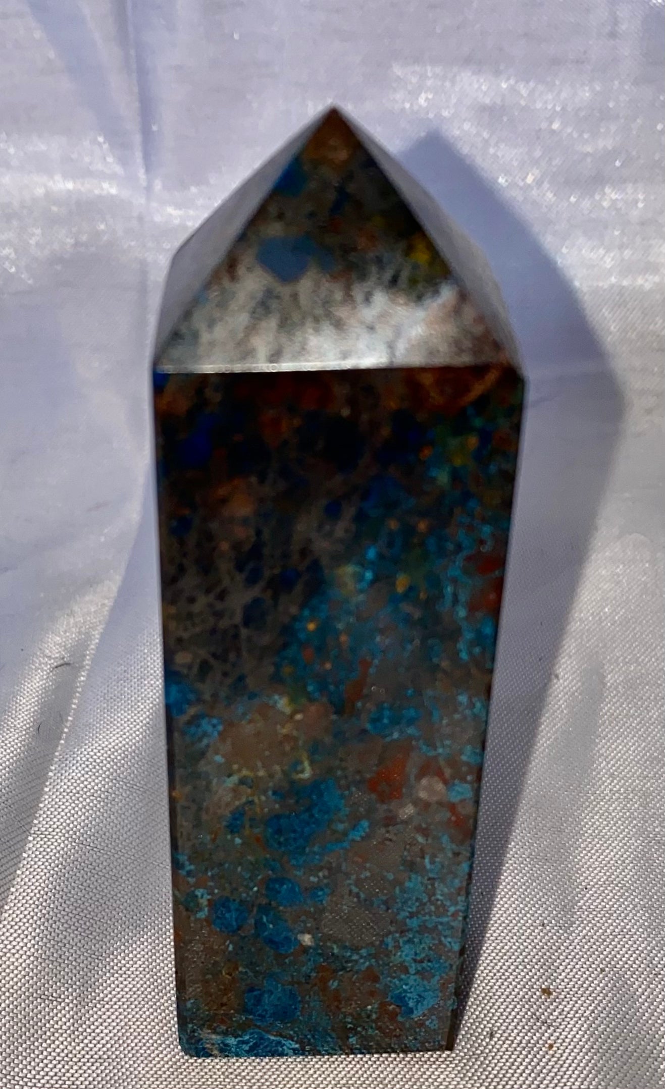 Rare Shattukite Point s1 - polished blue and gray stone mini-tower sculpture