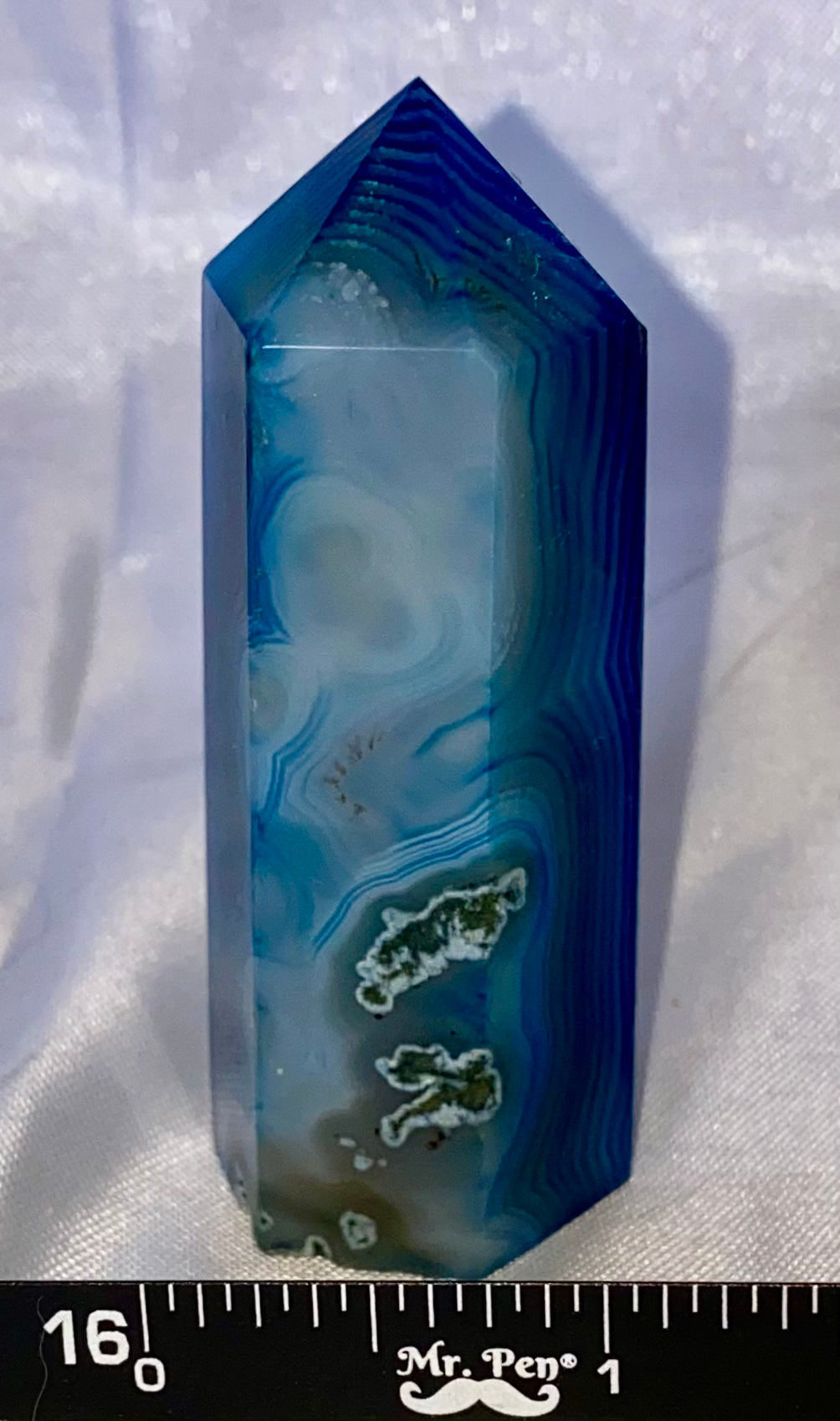 Blue Agate Point t1 (dyed) - polished striped blue white stone mini-tower sculpture