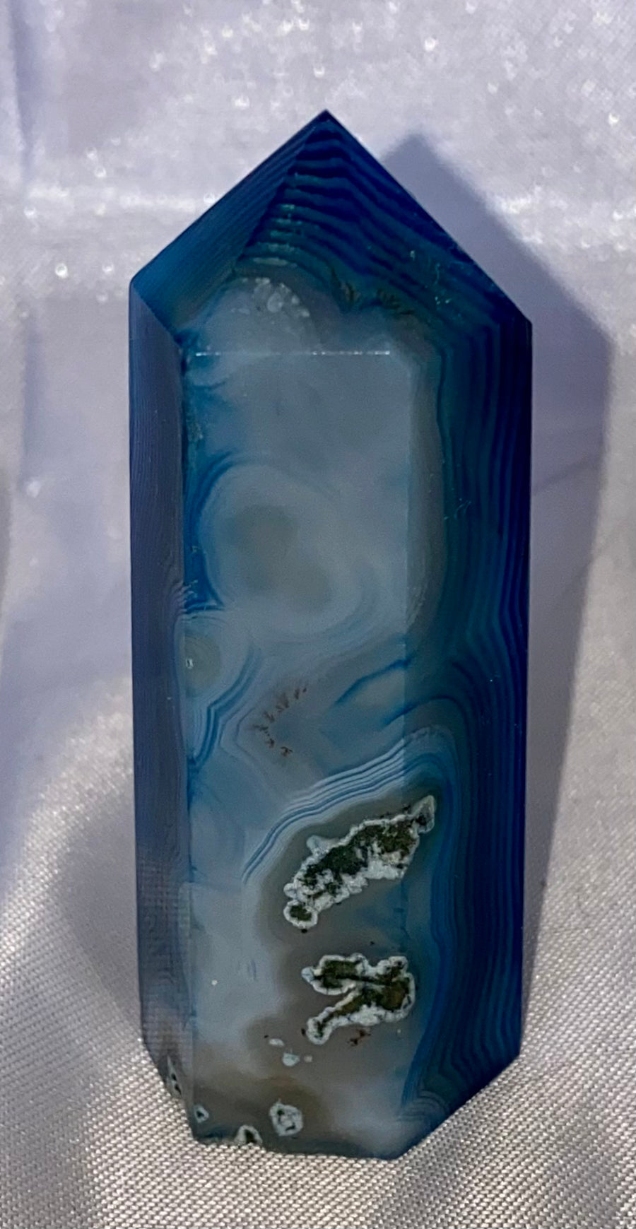 Blue Agate Point t1 (dyed) - polished striped blue white stone mini-tower sculpture