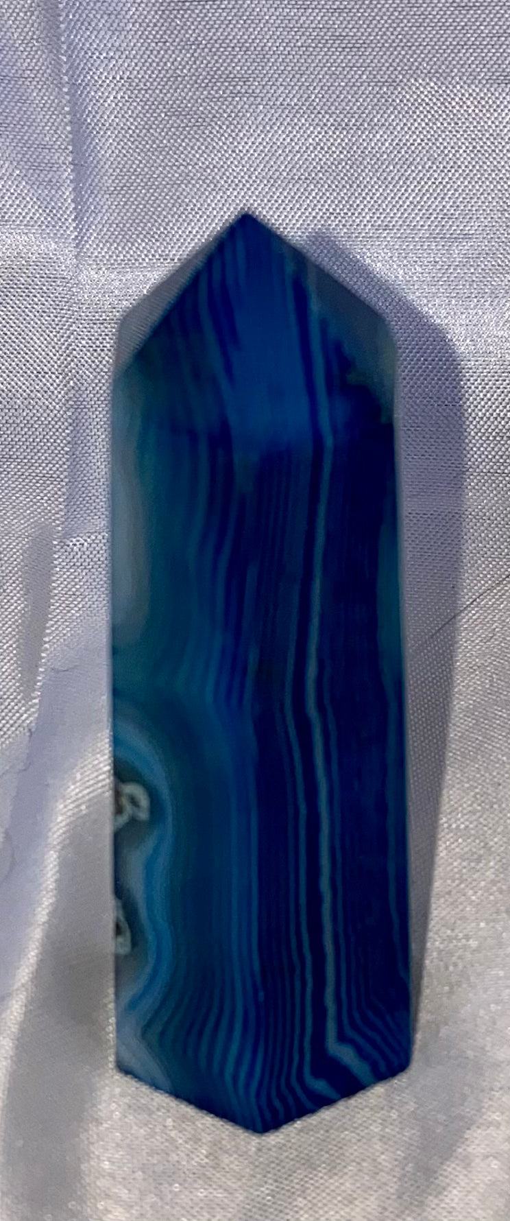 Blue Agate Point t1 (dyed) - polished striped blue white stone mini-tower sculpture