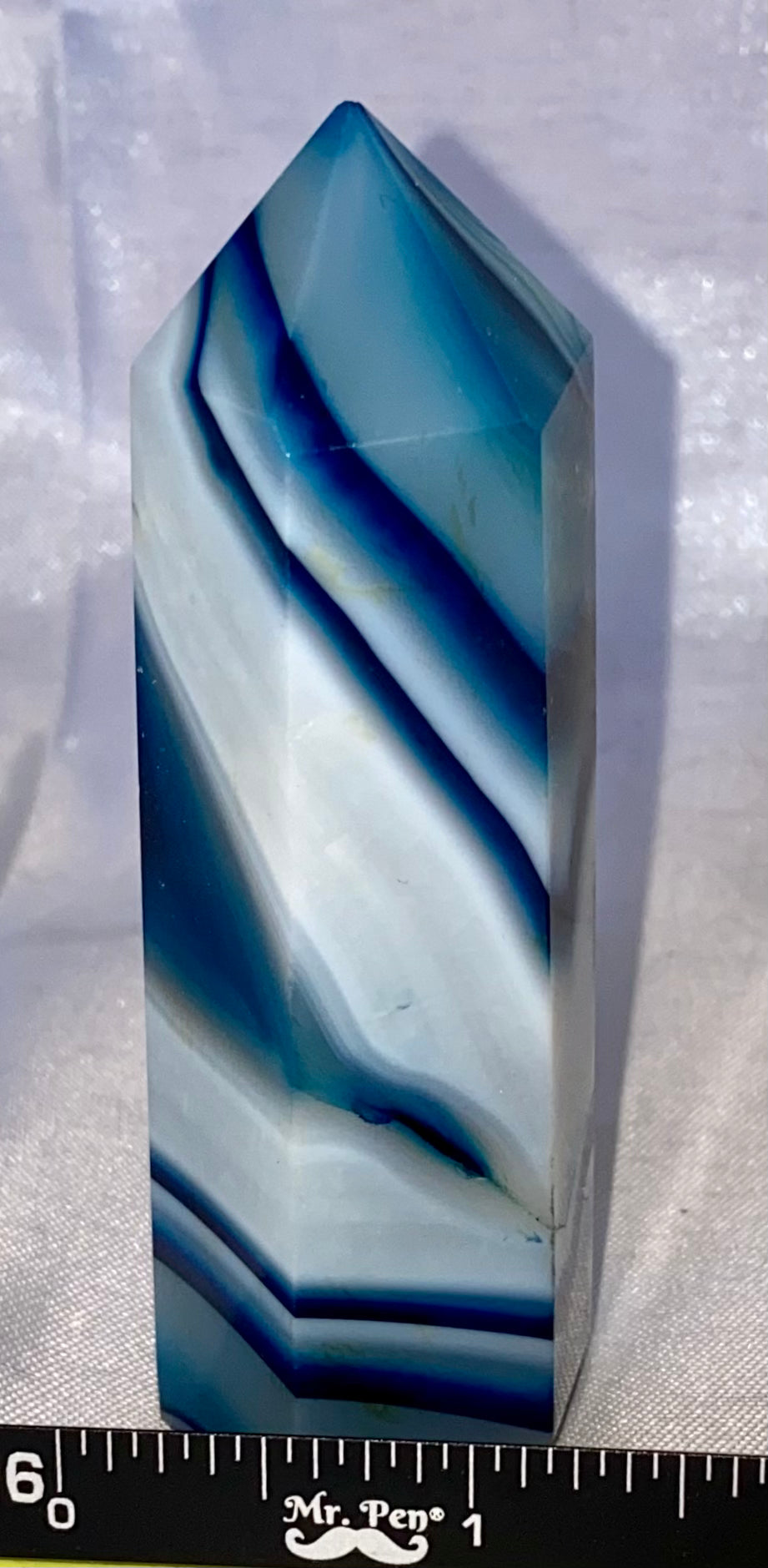 Blue Agate Point s1 (dyed) - polished striped blue white stone mini-tower sculpture