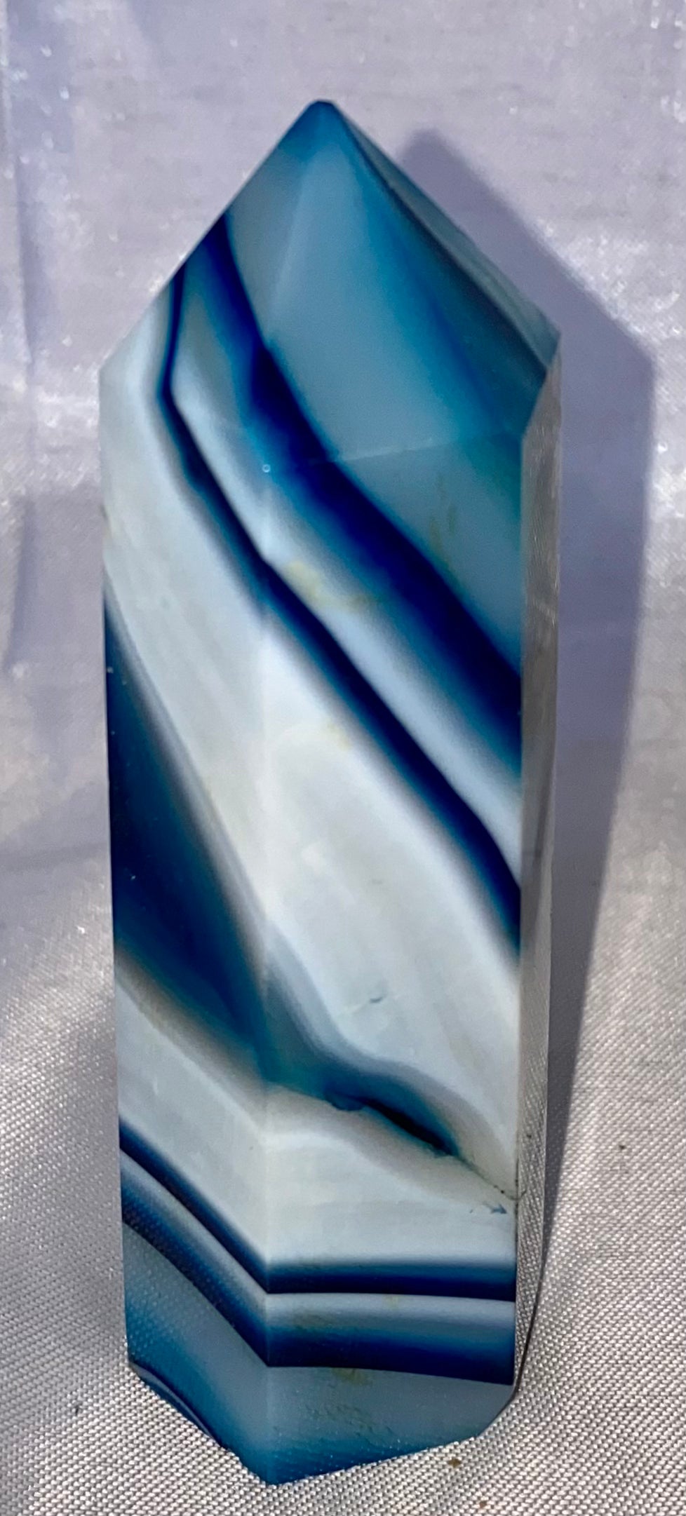 Blue Agate Point s1 (dyed) - polished striped blue white stone mini-tower sculpture