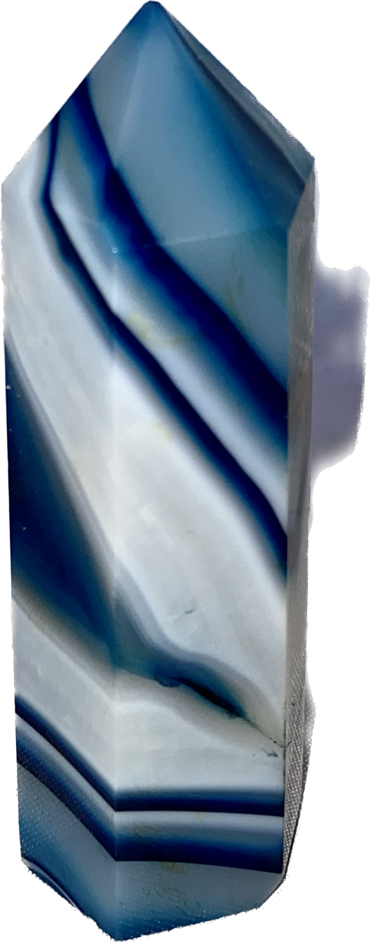 Blue Agate Point s1 (dyed) - polished striped blue white stone mini-tower sculpture