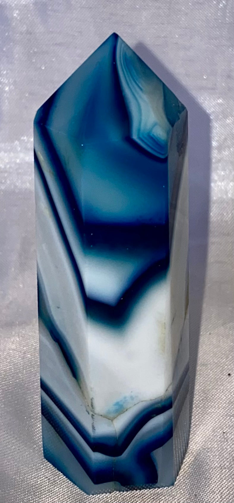 Blue Agate Point s1 (dyed) - polished striped blue white stone mini-tower sculpture