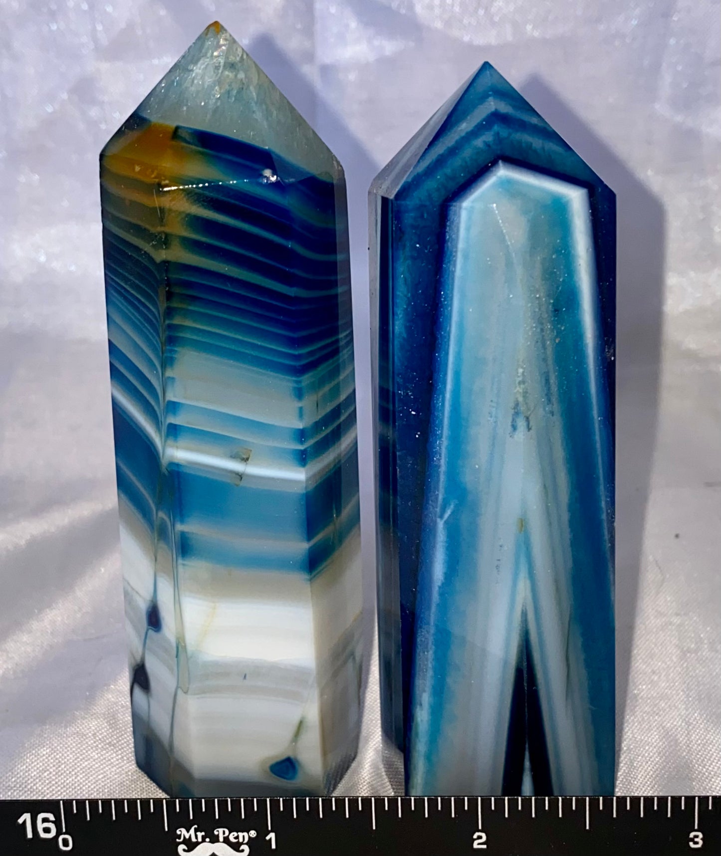 Blue Agate Point l1,2 (dyed) - polished striped blue white stone mini-tower sculpture