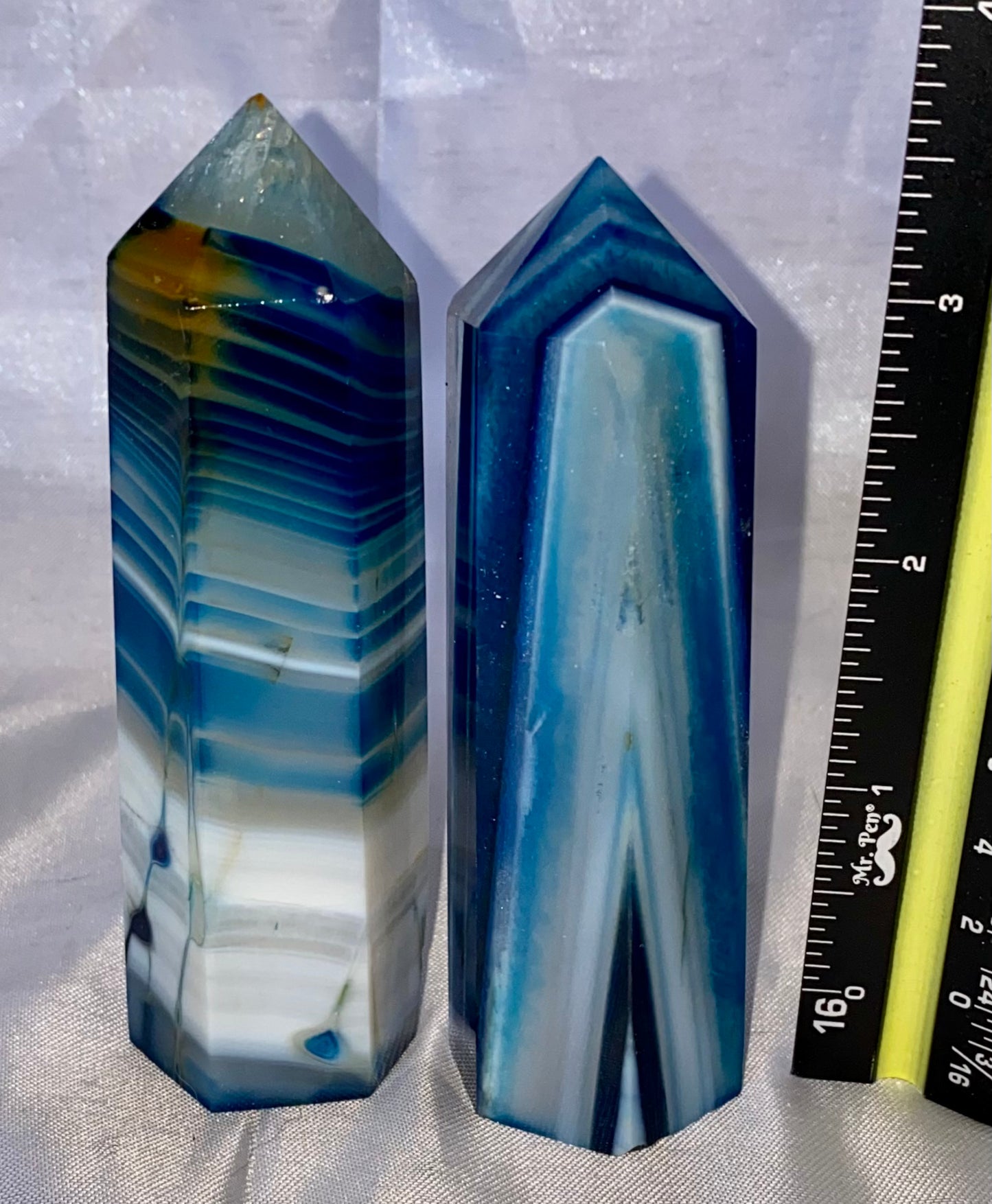 Blue Agate Point l1,2 (dyed) - polished striped blue white stone mini-tower sculpture