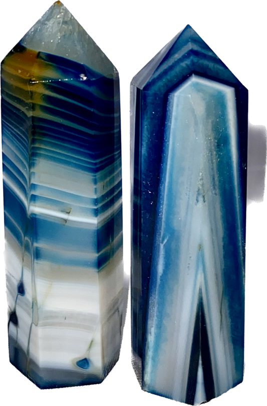 Blue Agate Point l1,2 (dyed) - polished striped blue white stone mini-tower sculpture