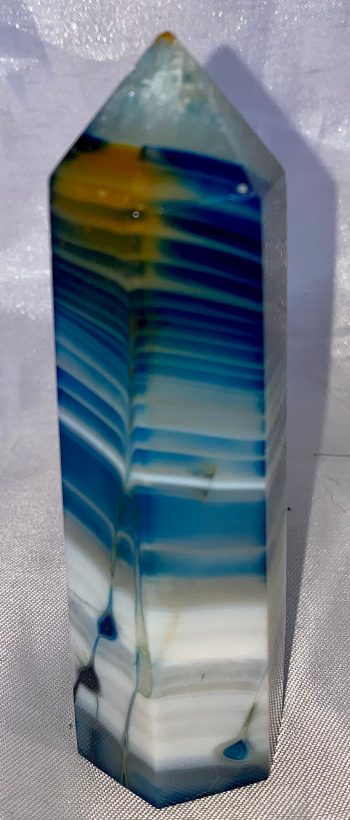 Blue Agate Point l1,2 (dyed) - polished striped blue white stone mini-tower sculpture