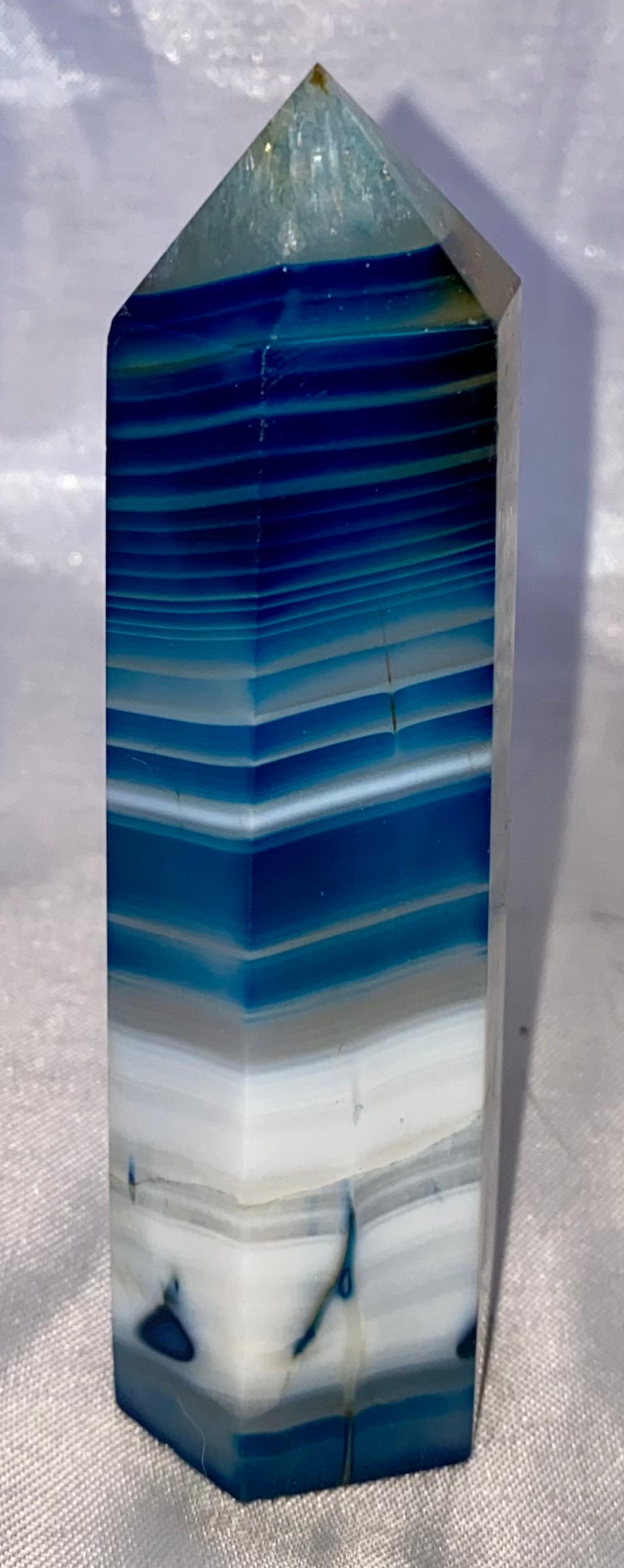 Blue Agate Point l1,2 (dyed) - polished striped blue white stone mini-tower sculpture