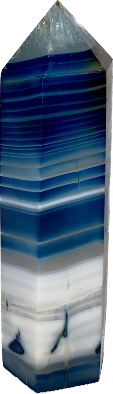 Blue Agate Point l1,2 (dyed) - polished striped blue white stone mini-tower sculpture