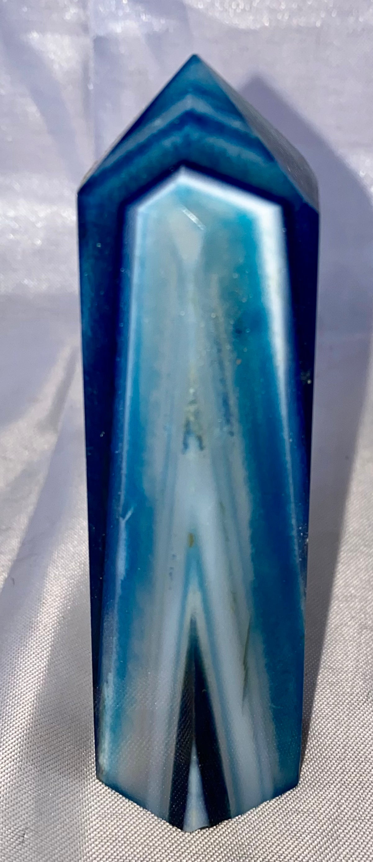 Blue Agate Point l1,2 (dyed) - polished striped blue white stone mini-tower sculpture