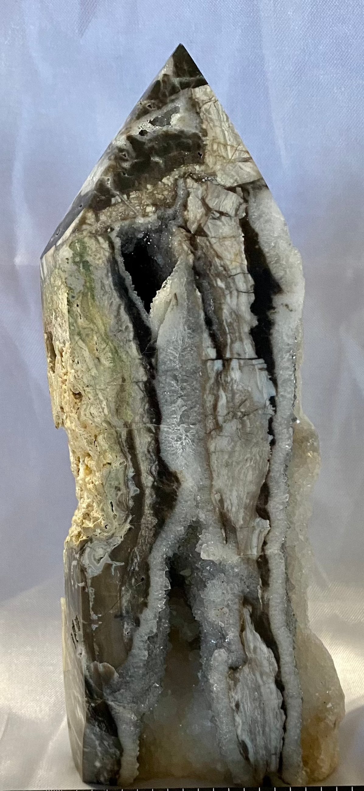 Sphalerite Tower s6 - asymmetric gray white stone sculpture with crystalline drusy (druzy)